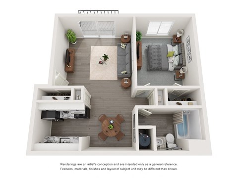 a stylized floor plan of a 1 bedroom apartment  at Park On Canal Apartments, Clinton Twp, 48038